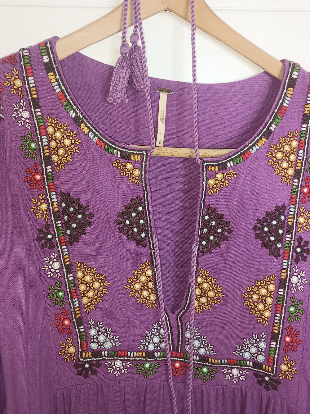 Free People Starlight Mini Dress Purple Balochi Embroidery Boho Tassel Pockets S - Picture 5 of 13